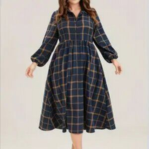 Blue Plaid Print Button Up Long Sleeve Turn Down Collar Midi Shirt Dress